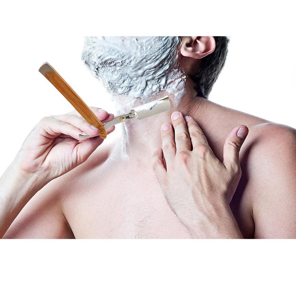 Retro Wood Handle 10pcs Blade Head Shaving Razor Folding Shaver Male Face Cleansing Care Tool