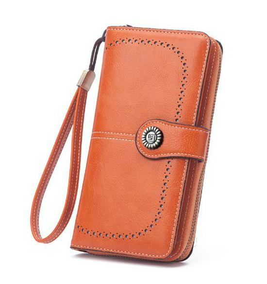 

Женский ретро длинный кошелек из масляной кожи 2025 года с полым дизайном - Вместительная сумка для телефона, корейский стиль. оранжевый
