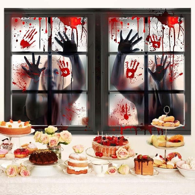 2-Piece Halloween Zombie Ghost Decor Bloody Window Scary Backdrop Outdoor Horror Hanging Cloth Spooky Party Supplies