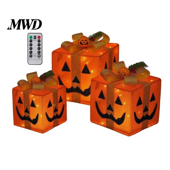Handmade Pumpkin Face Props 3Pcs Lighted Halloween Gift Boxes, Spooky Glowing Shopping Mall Decor Presents Box, Warm Light Holiday Ornament for Indoor