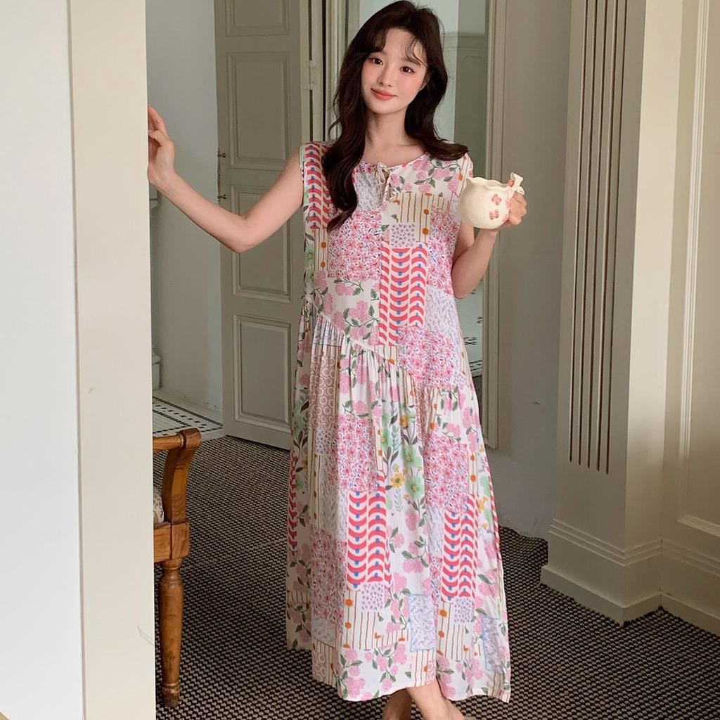 New Chinese sleeveless nightdress women's summer plant flower green cotton silk skirt high-end loungewear national style long skirt thin