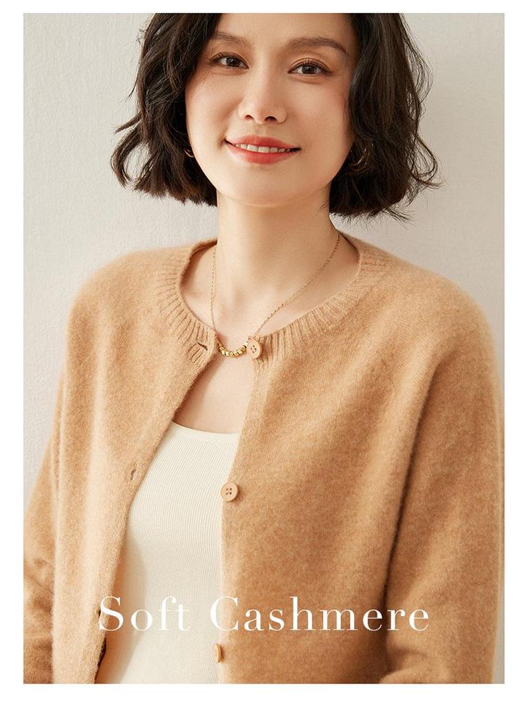 Women's Cashmere Round Neck Cardigan - Autumn/Winter Slim Fit Knitted Sweater, Solid Color, Versatile Outerwear