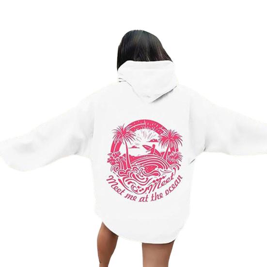 

Женская толстовка с капюшоном на осень и весну Everything Comes in Waves, розовый спортивный топ с длинными рукавами и графикой, свободный повседневный пуловер с карманом S белый