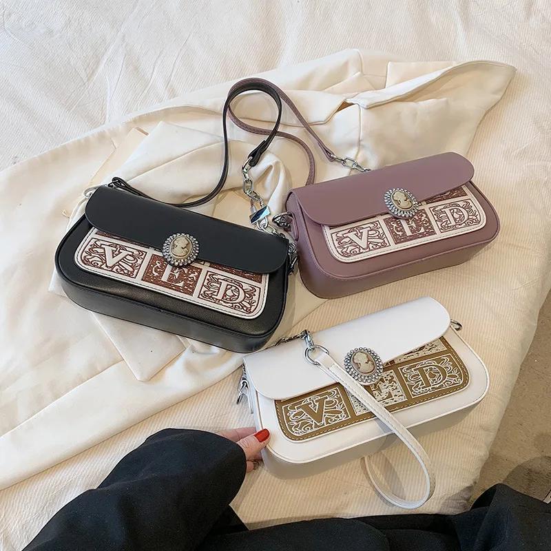 PU Splicing Shoulder Bag with Simple Chain Floral Girl Crossbody Bag Car Stitching Decoration Retro Bag for Ladies Fashion