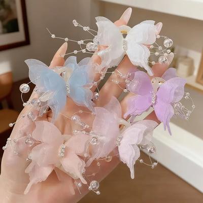Butterfly Hair Clips for Women, Tulle Organza Hair Barrettes with Beads, Rhinestone Decor Hair Pins, Sweet Hair Accessories for