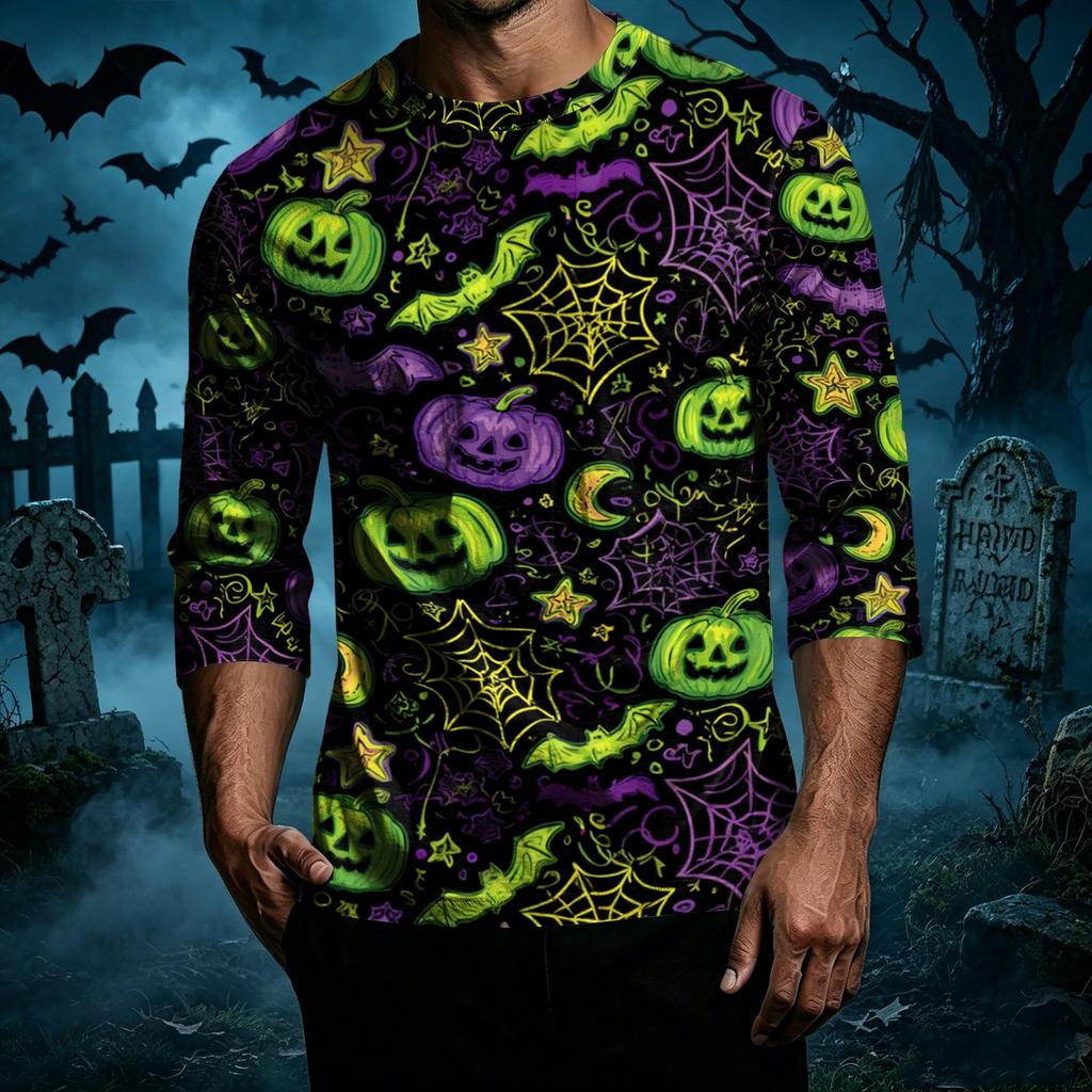 Men's Casual Halloween Print Crew Neck T Shirt Three Quarter Sleeve Top Lightweight Comfortable Fit Seasonal Design