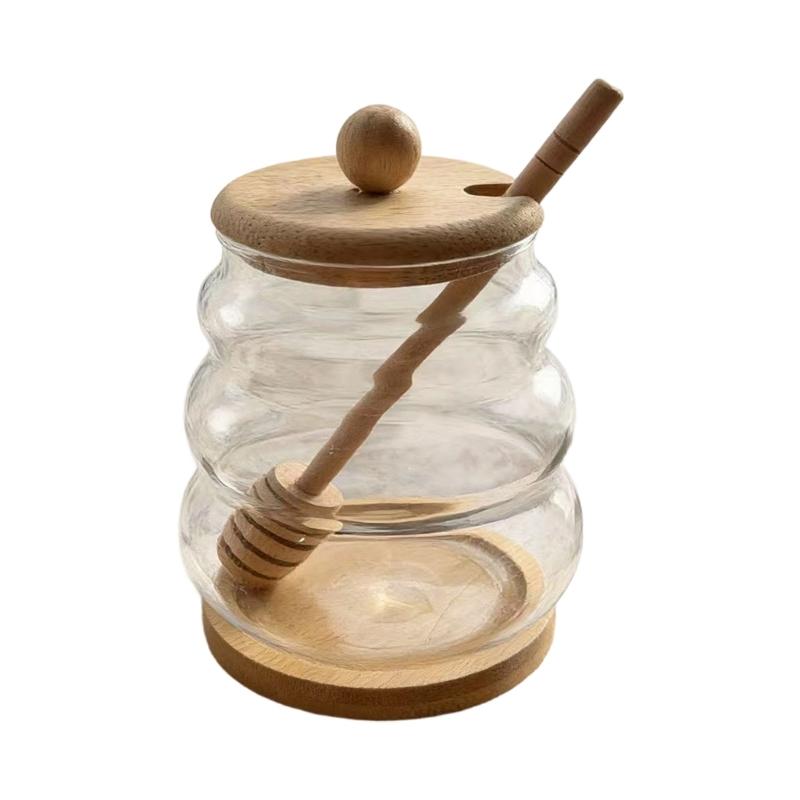High Borosilicate Glass Jar Shatterproof Temperature Resistant Honeys Container Wood Stirring Stick and Lid for Kitchen