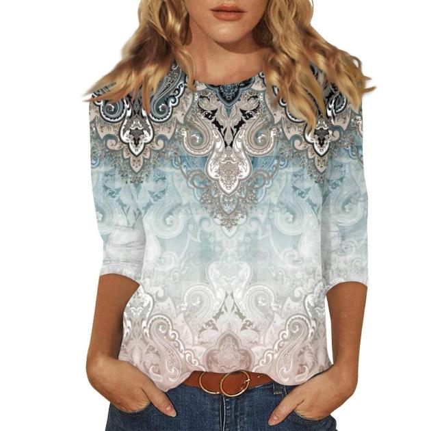 2026 Spring/Summer New Women's Fashion Printed Three-Quarter Sleeve Loose Round Neck Casual T-Shirt Top