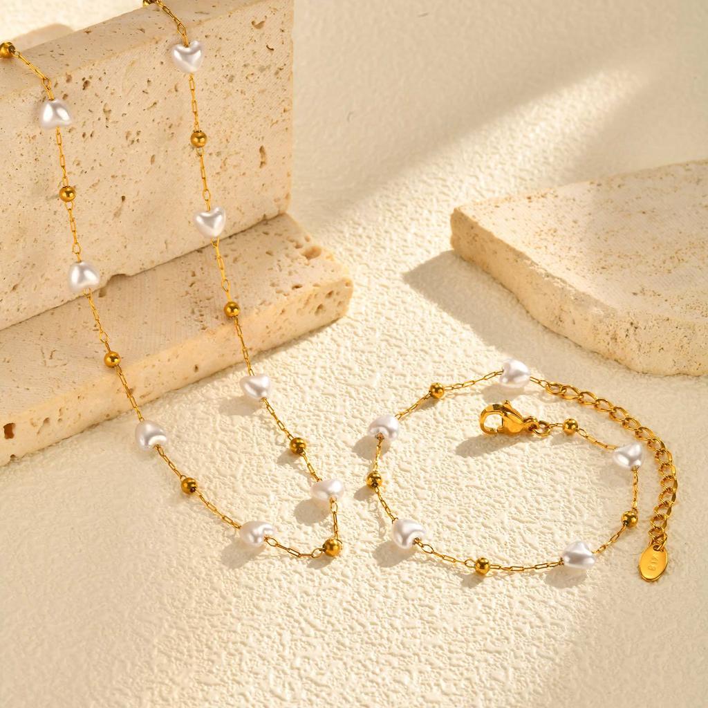 Baroque Irregular Pearl Necklace Stainless Steel Round Bead Heart Imitation Pearl Bracelet 18K Gold Nc-2159