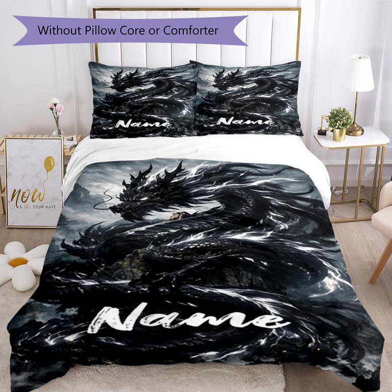 3pcs Custom Name Dragon Bedding Set Duvet Cover Closure Includes 1 Duvet Cover & 2 Pillowcases, Soft and Comfortable for All Seasons.