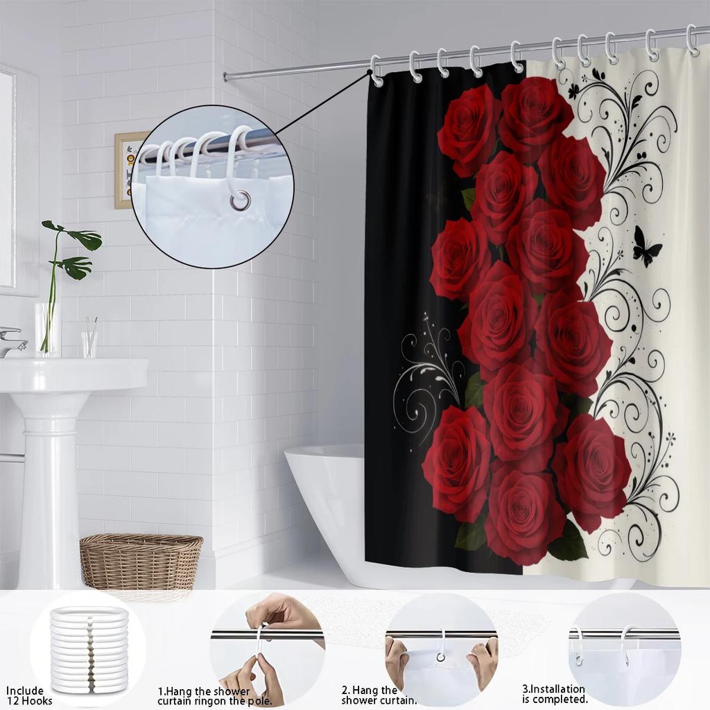 1pc Rose Printed Shower Curtain, Shower Partition, Privacy Hanging Curtain with 12 Hooks, Multiple Sizes, Easy Installation
