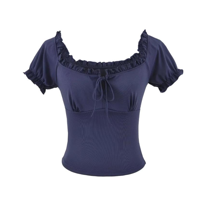 Bubble short-sleeved T-shirt women's summer new Spice Girl style solid color hollow lace-up square neck slim-fitting top