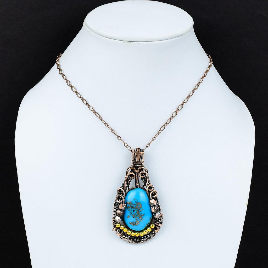 Irani Turquoise 999 Copper Wire Wrapped Pendant, Handmade Gemstone Pendant Jewelry, Gifts For Wife Brand New Pendant