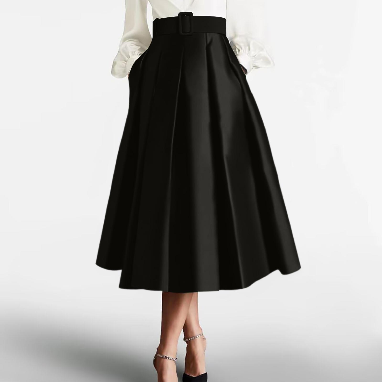 Женская цветная сатиновая плиссированная юбка-полусолнце с высокой талией и завязками XL чёрный