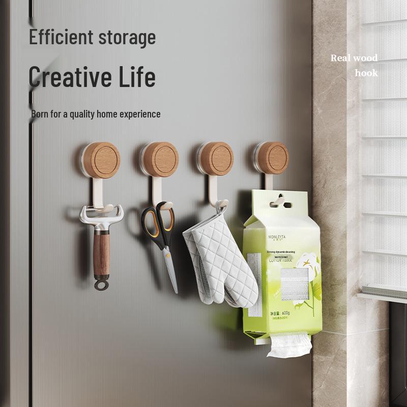 Solid Wood No-Drill Strong Suction Hook for Bathroom or Hallway