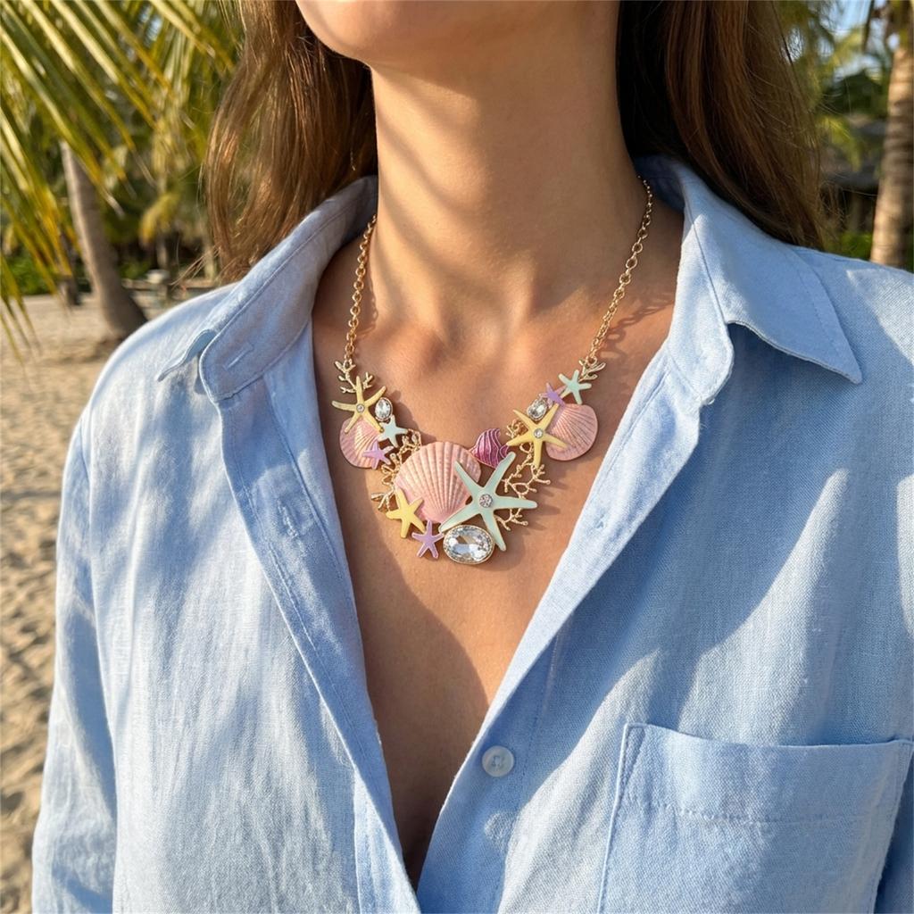 Dopamine Starfish Shell Coral Diamond-Encrusted Necklace Beach Vacation Style Accessory Women's Fashion Trend Gift