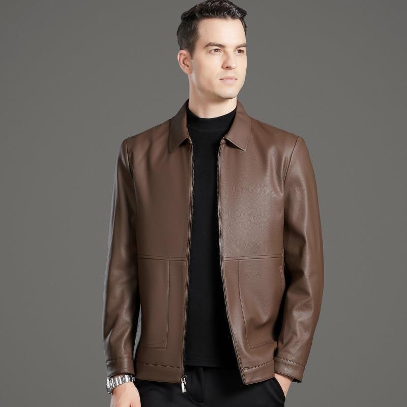 Soft Leather Jacket for Men In Autumn and Winter Plus Velvet Lapel Leather Jacket for Men Middle-aged and Elderly Dad Sheepskin Jacket
