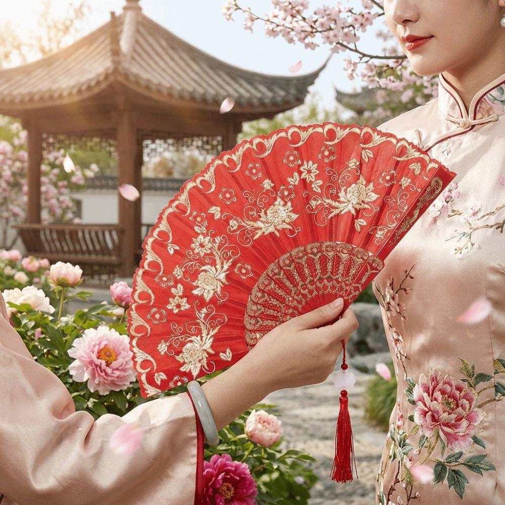 Portable Vintage Style Silk Hand Fan Floral Pattern Decorative Folding Fan with Tassel Handmade Handheld Fan Wedding Party