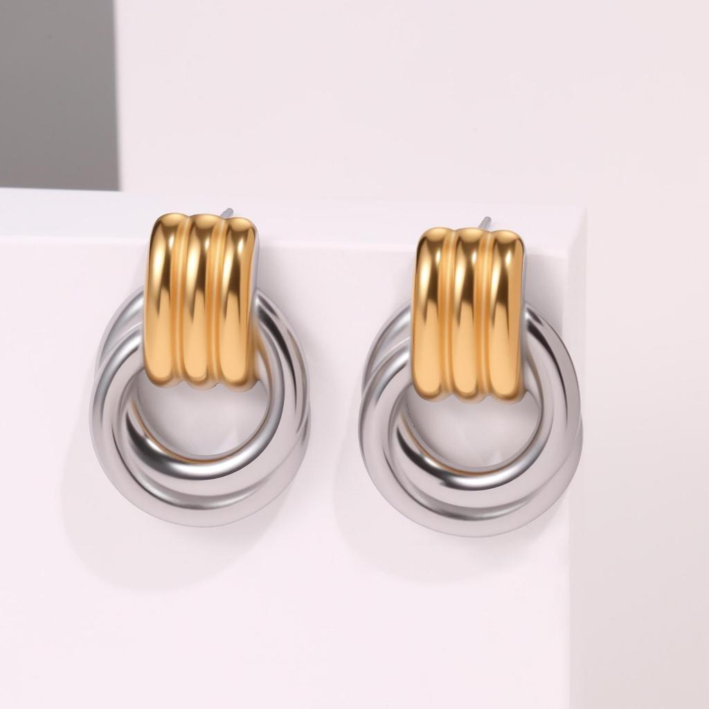 Elegant Geometric Gold & Silver Stud Earrings – Stainless Steel Fashion Statement