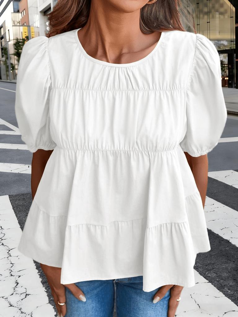 Blusa da Donna in Cotone Babydoll Manica a Sbuffo Smocked Peplo Top Svasato