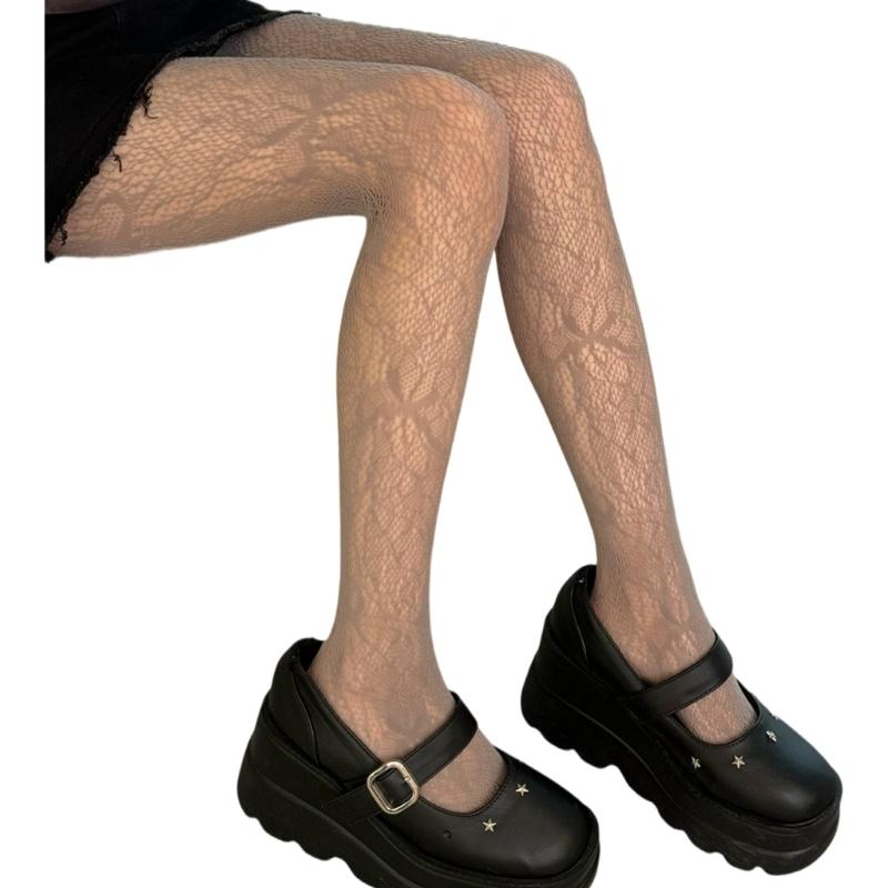 Women Sexy Hollowed Sheer Fishnet Pantyhose Aesthetic Vintage Butterfly Jacquard Patterned Leggings Colored Mesh Tights