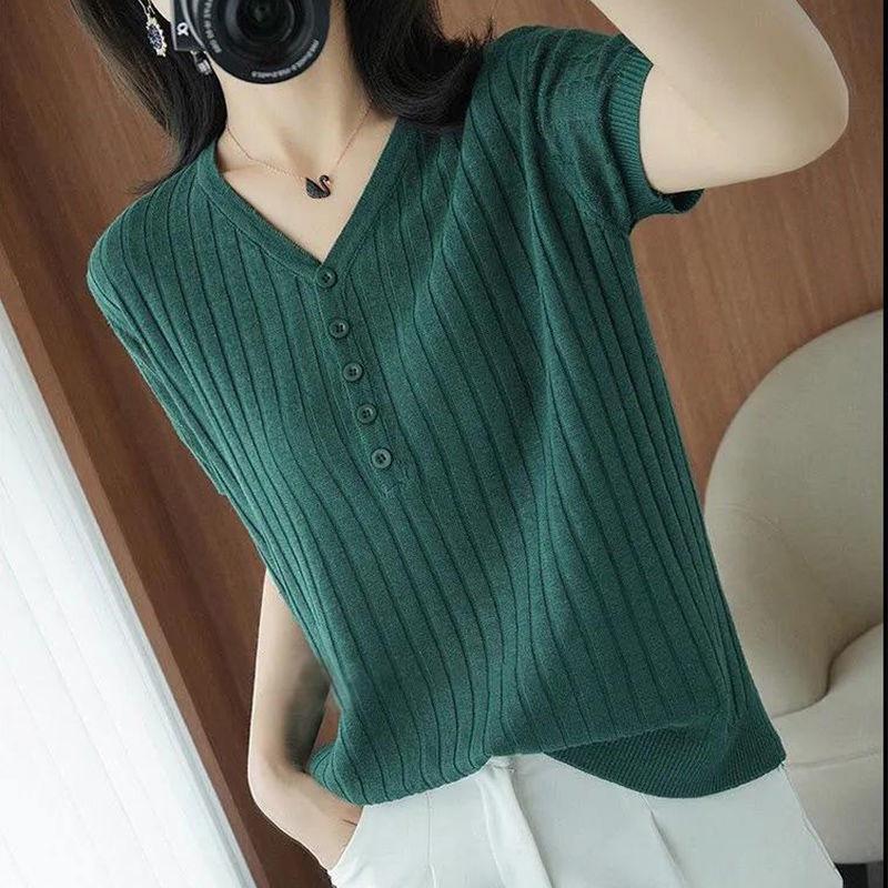 Ice Silk Short Sleeved T-shirt for Women Loose and Slimming V-neck Knitted Sweater Half Sleeved Top