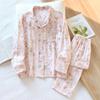 Women's Spring And Autumn Pajama Set  Cotton Crape Cloth Flower Collar Long Sleeve Two Piece Set Large Home Clothes