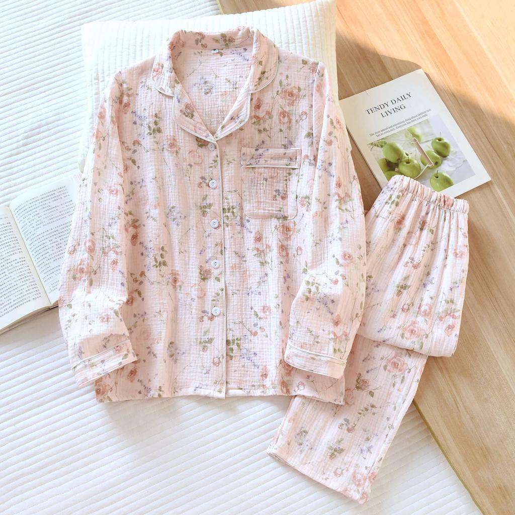 Women's Spring And Autumn Pajama Set Cotton Crape Cloth Flower Collar Long Sleeve Two Piece Set Large Home Clothes