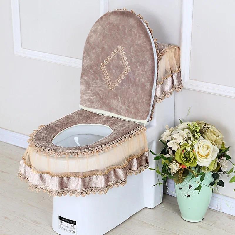 3PCS Velvet Skirt Style Toilet Mat Embroidered Lace Decorated Toilet Seat Mat Printed Dust Cover of Toilet Closestool