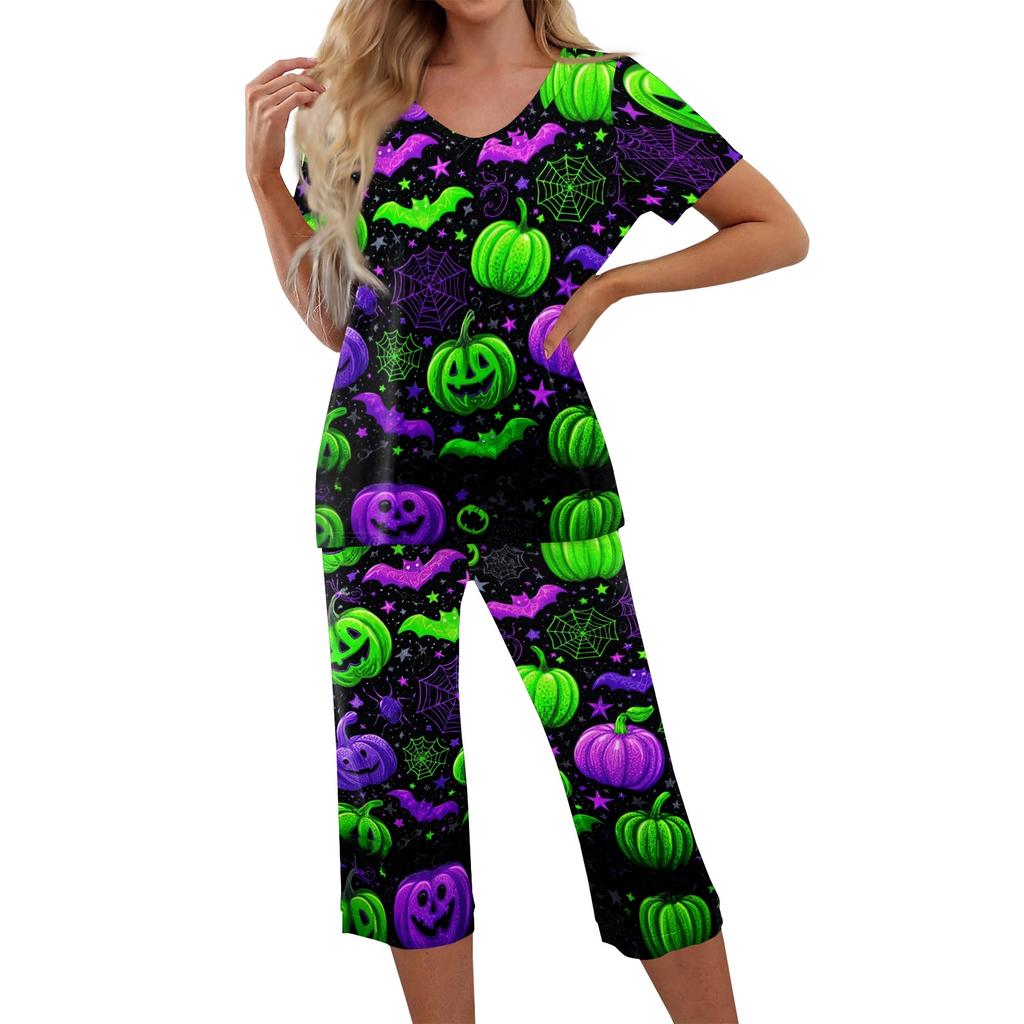 Women's Two Piece Halloween Print Lounge Set Short Sleeve Top with V Neck and Capri Pants Casual Sleepwear Pajama Set for Relaxed Fit