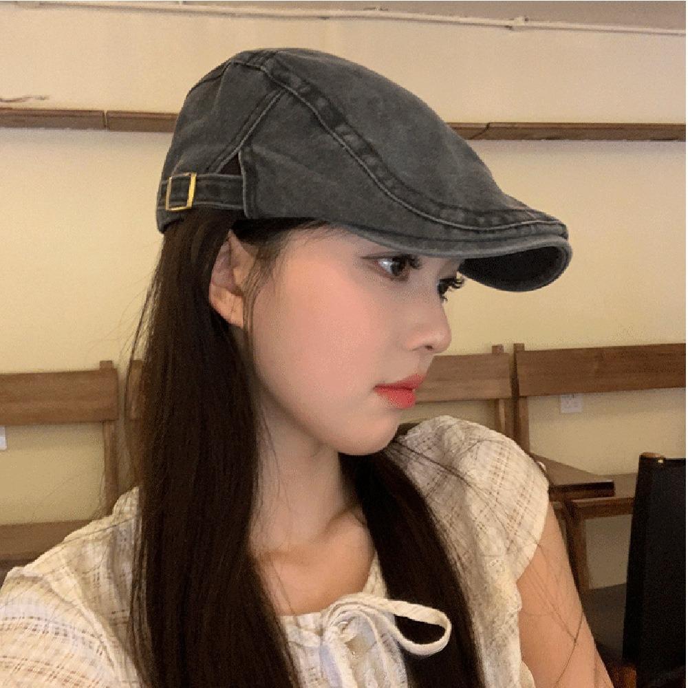 Men's Vintage Washed Denim Newsboy Cap Adjustable Flat Ivy Cabbie Beret Hat for Driving Golf Daily Wear