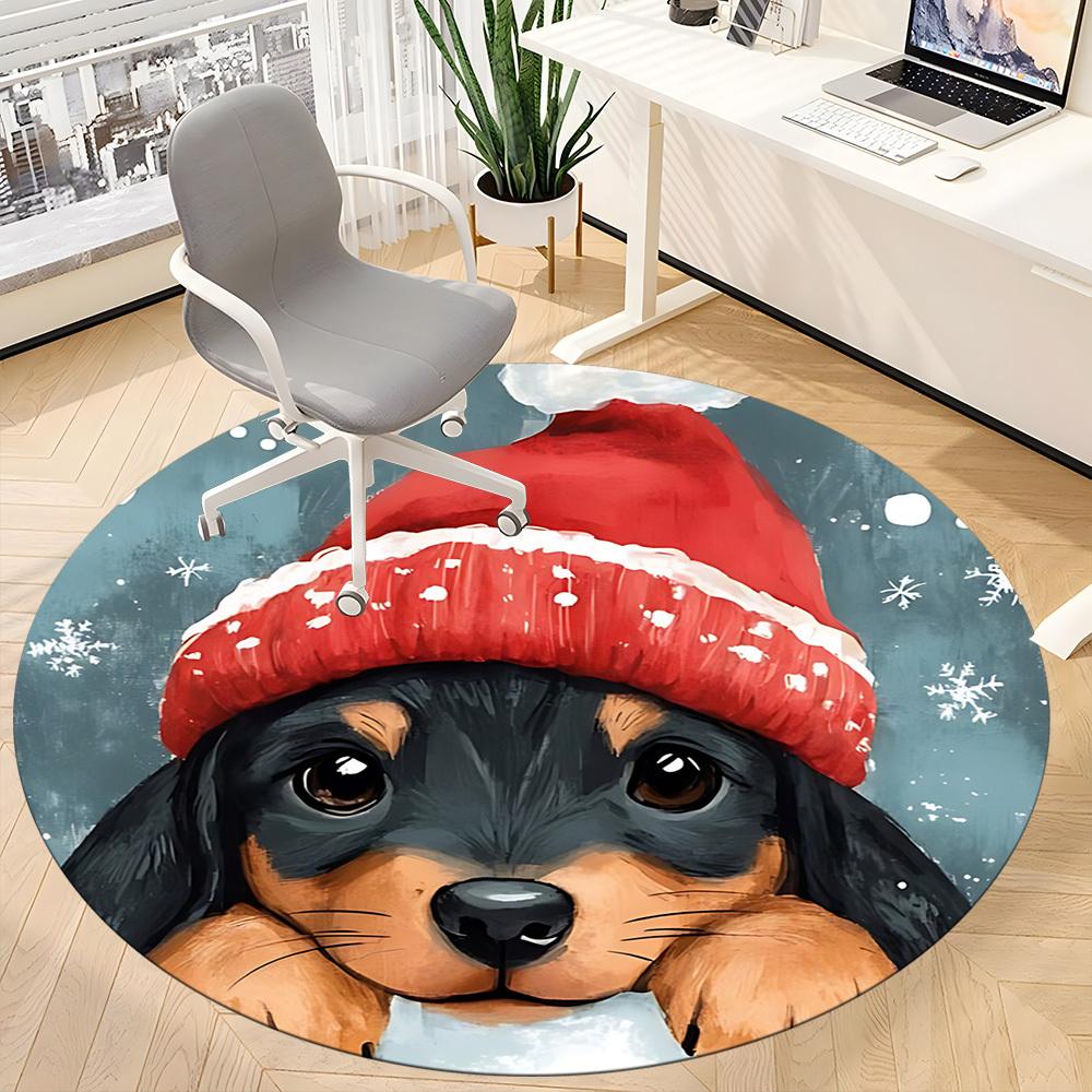 1pc Winter Pup Office Round Area Rug, Indoor Mat Suitable ForOffice, Under Office Chairs Bedroom Living Room Home Decor T196