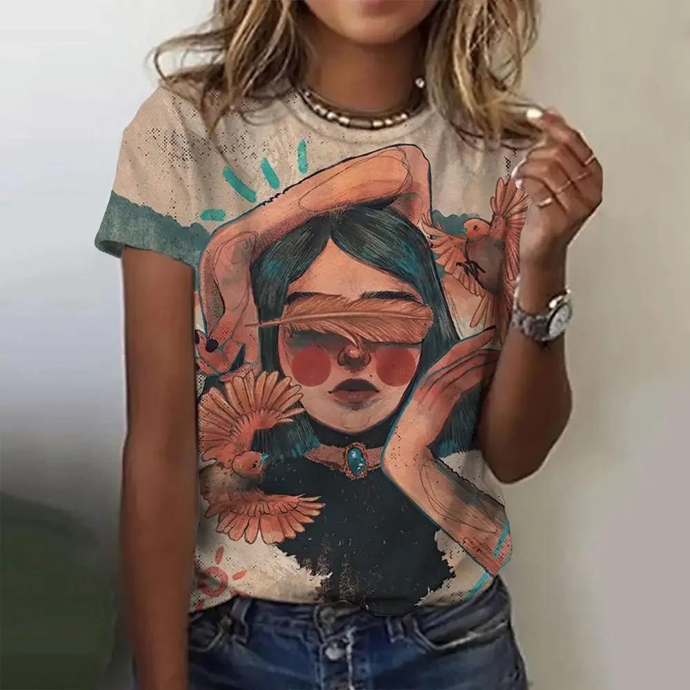 New Women's Cartoon Character Printed T-shirt Harajuku Retro Short Sleeved T-shirt Fun Round Neck Top Plus Size Women's Clothing