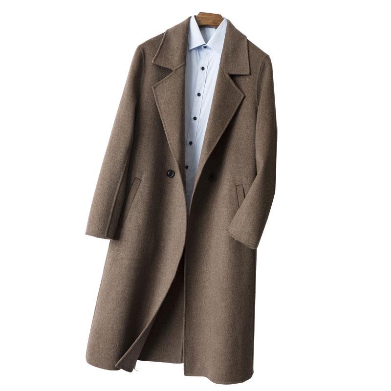 Men's Mid-Length Double-Faced Wool Cashmere Overcoat with Suit Collar