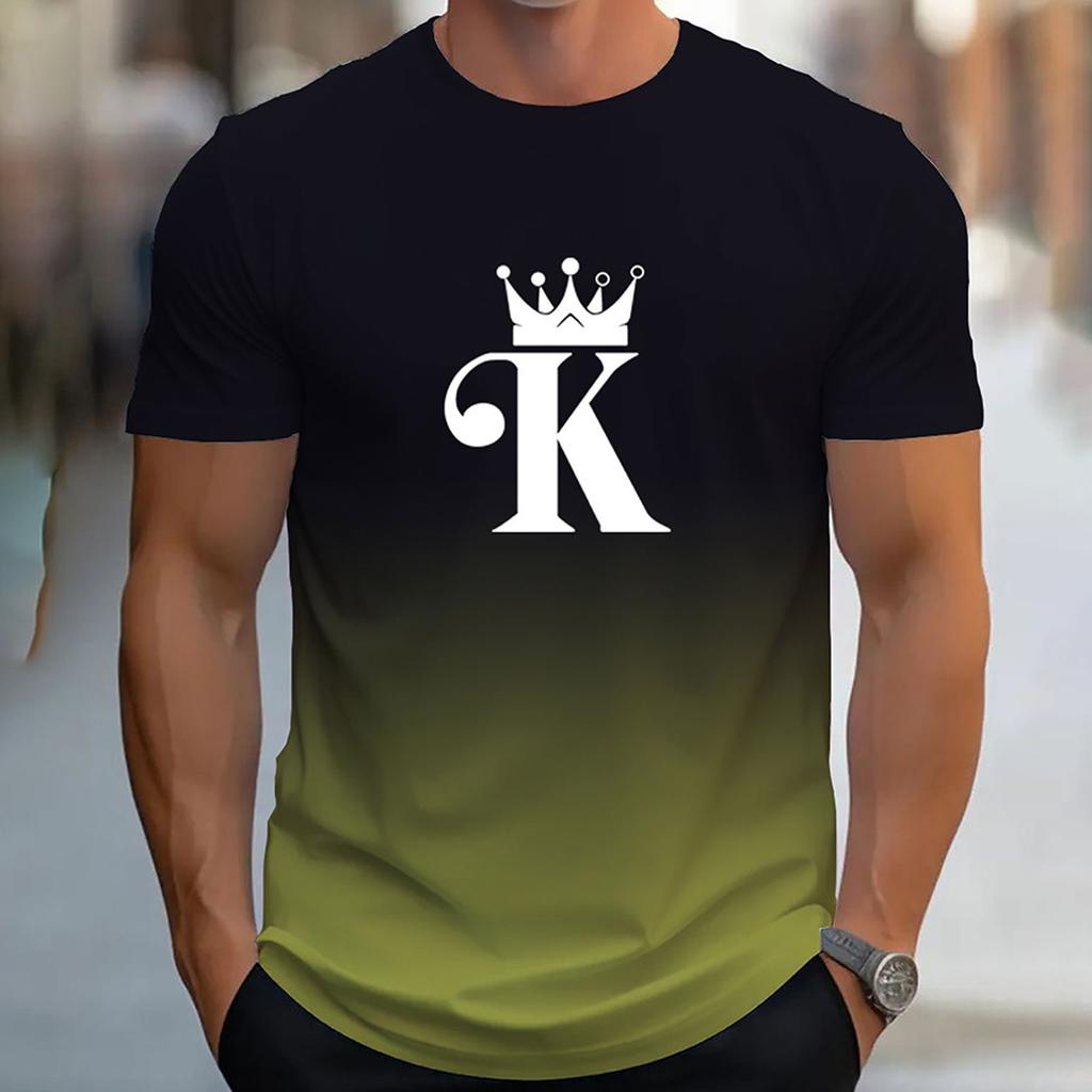 Summer Outdoor Men's Gradient Color Letter K Pattern Printed T-shirt Casual Short Sleeved Round Neck T-shirt