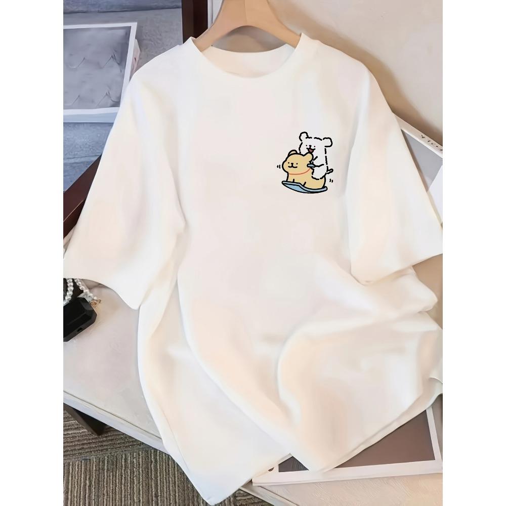 Womens Casual Cotton ShortSleeve TShirt Cute Cartoon Dog with Geometric Patterns Round Neck Top Loose and Comfortable Style