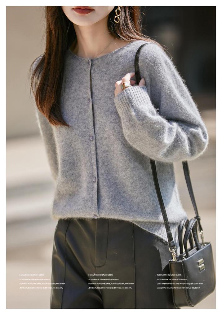 Women's Korean-Style Brushed Wool Cardigan - Round Neck, Chic Knit Outerwear Sweater, New for 2025.