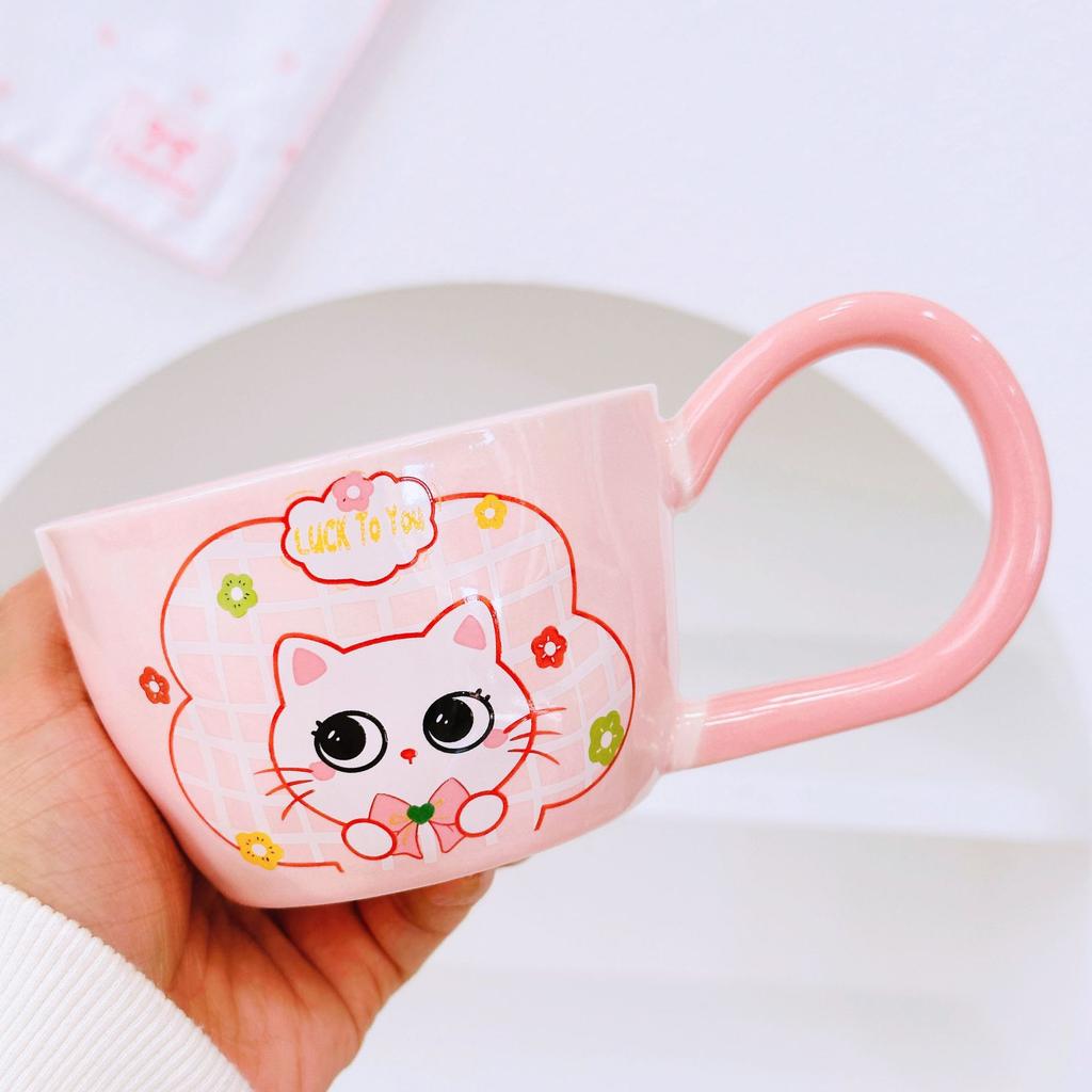 Kitten with Spoon Cute Cartoon High Value Large Capacity Souvenir Mug Girl Couple Ceramic Cup Set