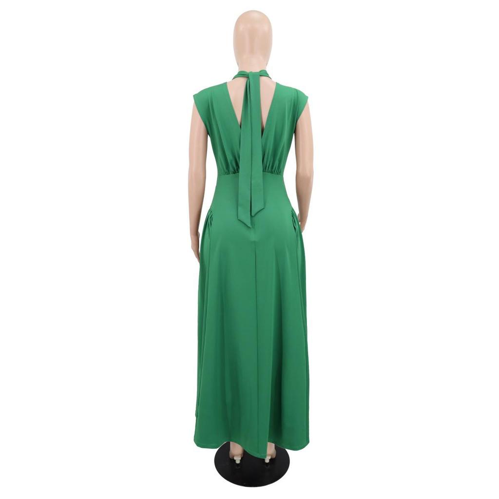 Women's Elegant Waist-Tie Solid Color Slim Dress