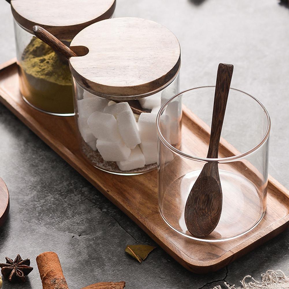 Salt Jar With Spoon Seasoning Box Wood Lid Cooking Tools Glass Sugar Milk Powder Spices Storage Cases Kitchen Spice Jar