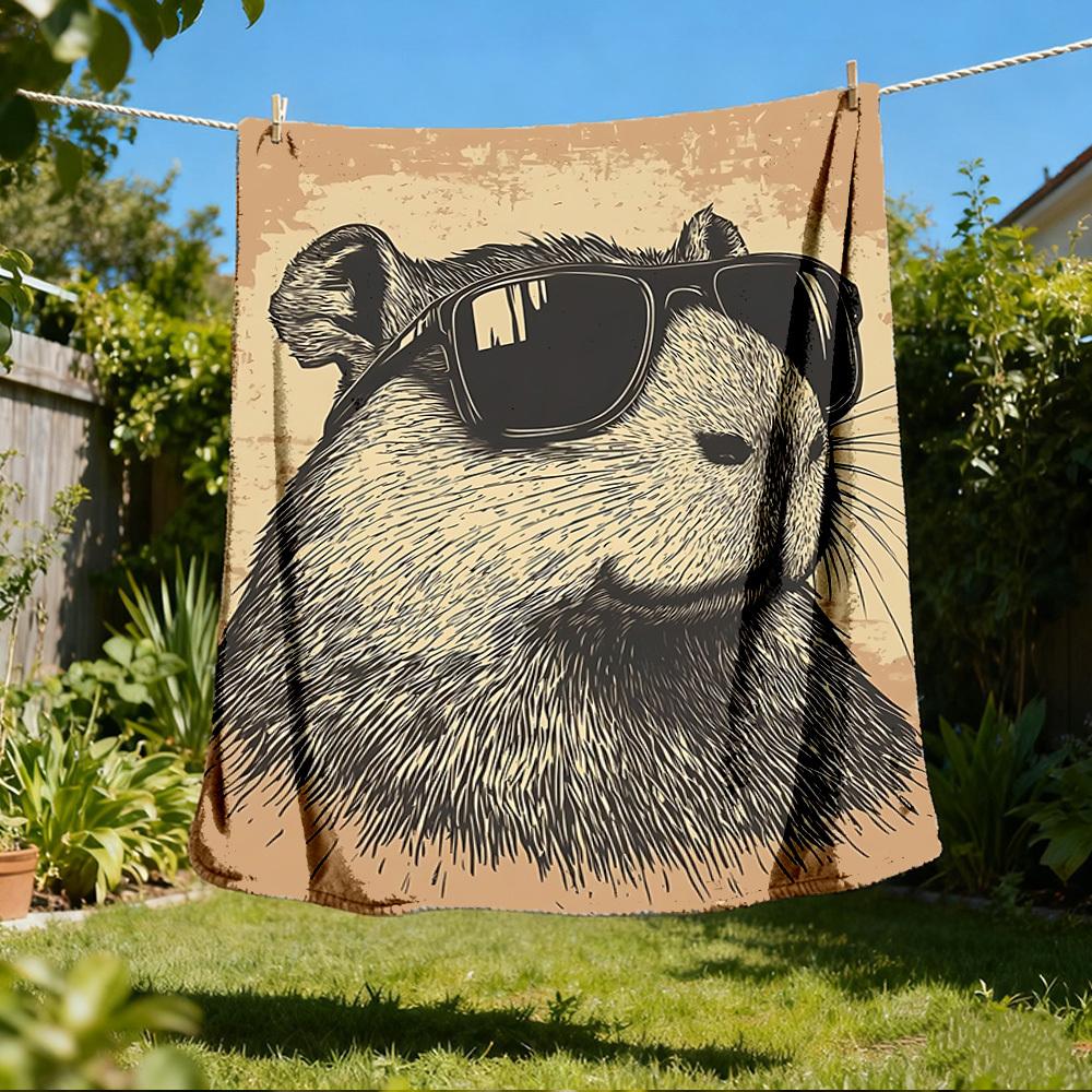 1pc Sunglasses Capybara Print Throw Blanket Polyester Fiber, Lightweight Flannel, Soft & Warm, All Season Use for Outdoor, Camping Digital Print