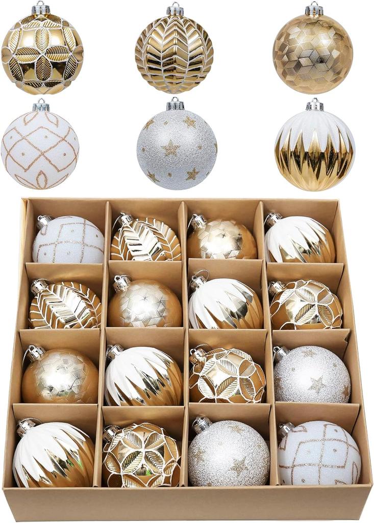 Valery Madelyn Christmas Pack of White Christmas Tree Day Store Elegant Ornaments, Large, 8cm, 16, Gold, Platinum, Decorations, Valentine's Ornaments,