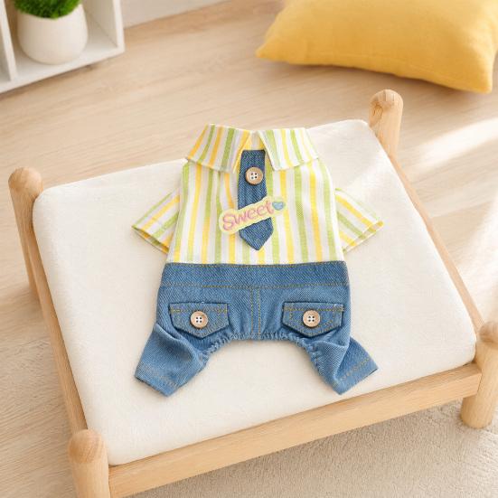 Huaqianguhh Striped Shirt Pet Jumpsuit, Four-Legged Dog Clothes, Denim Pants Outfit, Stylish Onesie Clothes for Small Dogs