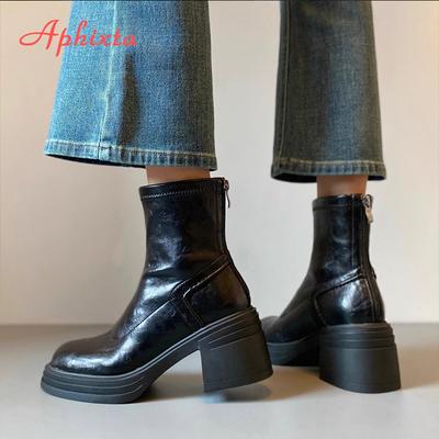 Aphixta Scarpe Retro Chelsea Stivaletti Classici da Donna Tacco Quadrato Plateau Stivale Pelle Verniciata Invernali Stivaletti Neri