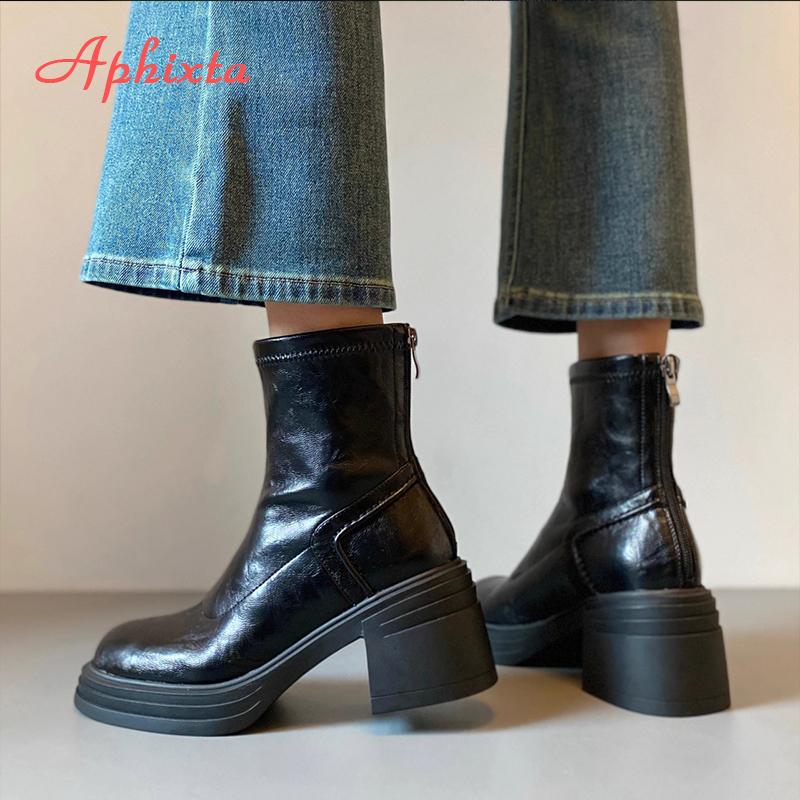Aphixta Retro Chelsea Shoes Classic Woman Ankle Boots Square Heel Platform Boot Patent Leather Winter Black Ankle Boots