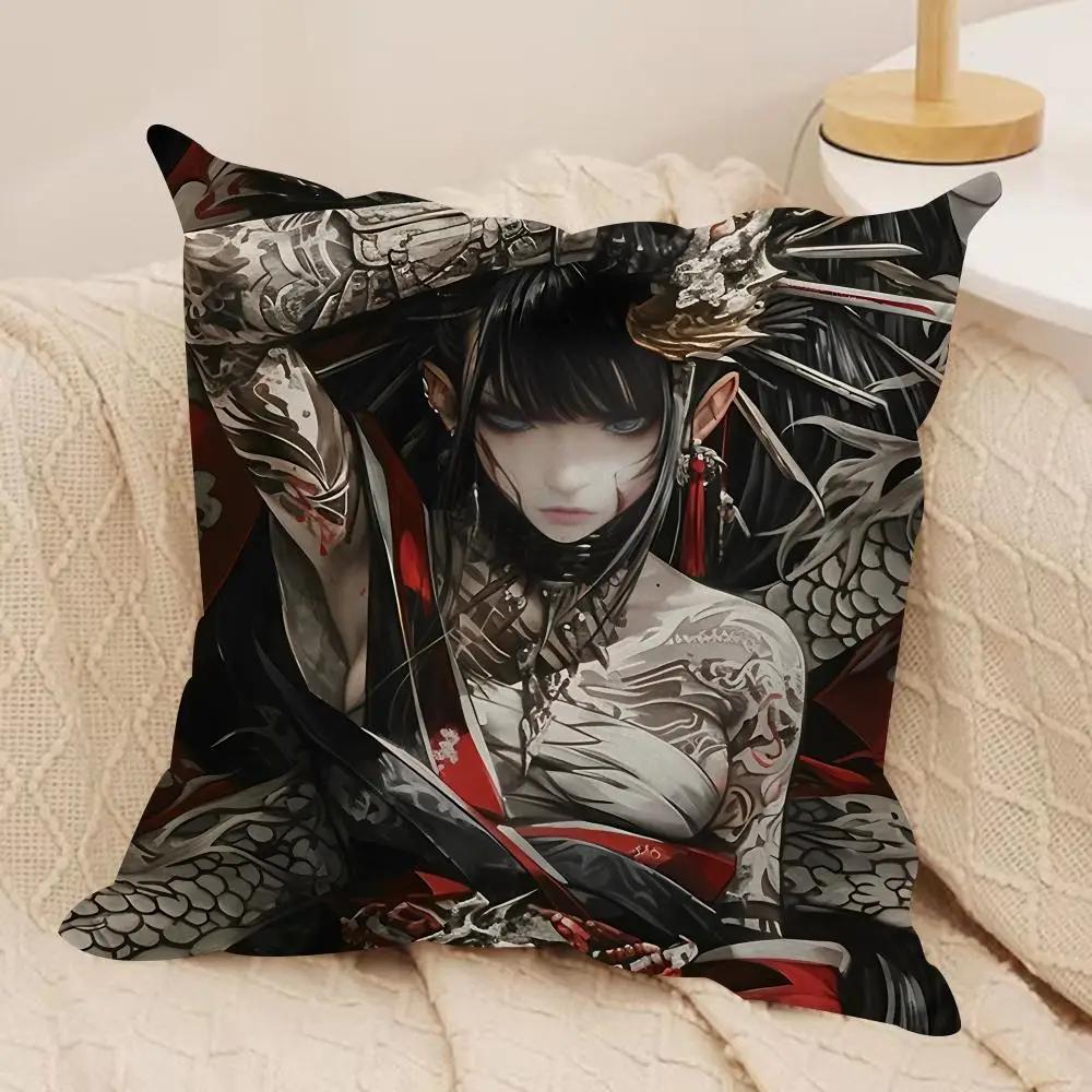 Girl Tattoos Japan Cushion Cover Silky Short Plush Invisible Zipper Dustproof Sofa Pillow Case For Home Decor