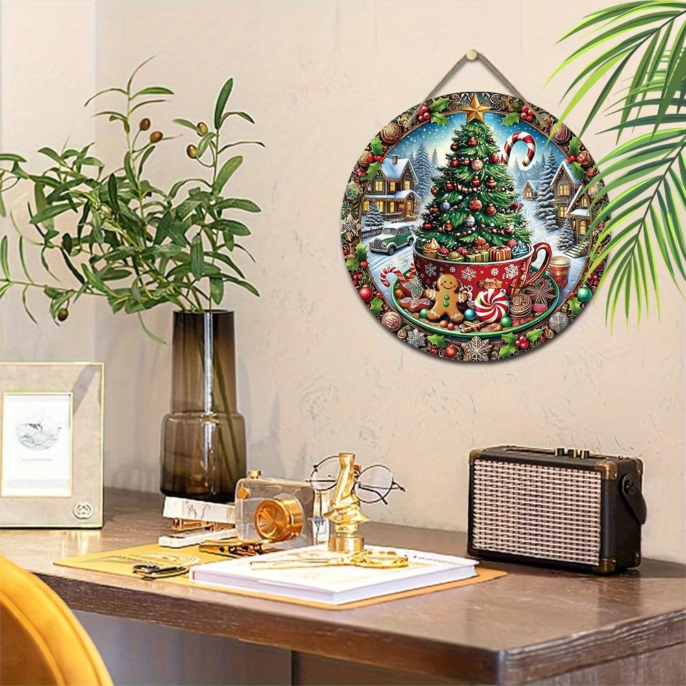 Wooden Christmas Sign with Hot Cocoa Theme - Navidad Round Sign for Front Door Wall Hanging Decor - Ideal Christmas Ornament