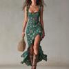Maxi abito boho floreale da donna con rouches, spalline sottili, spacco alto e parte superiore arricciata