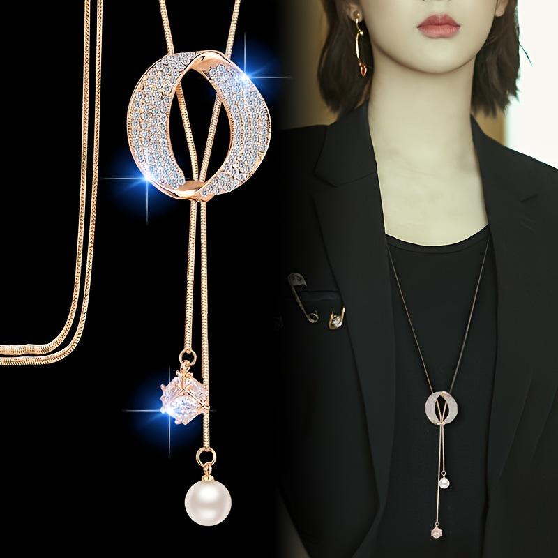 Versatile Sparkly Diamond Long Sweater Chain Pendant Necklace золотой