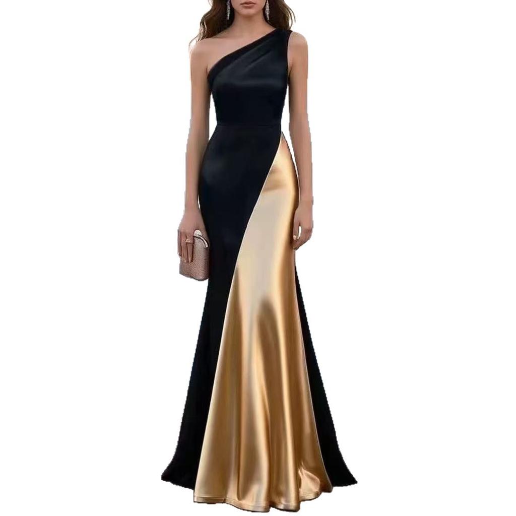 Contrast Color Slanted Shoulder Satin Fishtail, Banquet Light Luxury Long Dress, Dinner Party Red Carpet High-end Evening Wear